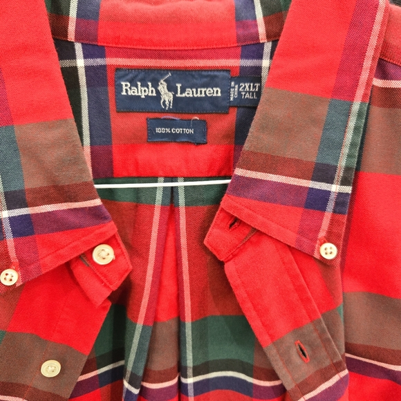 2XLT Tall, Men's Classic fit Ralph Lauren plaid button down in red and green. - Picture 3 of 6